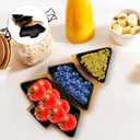 DOITOOL Christmas Tree Shaped Platter Snack Appetizer Trays Ceramic Christmas Serving Tray, 3 Compartment Food Serving Platter Wooden Base for Holiday Party Supplies (26.4X19X4.2CM, Black)
