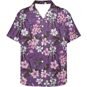 Hawaiian Shirts for Men Summer Floral Casual Short Sleeve Aloha Button Down Beach Shirts (Large, Pink Floral Purple)