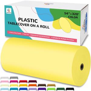 54IN X 320FT Plastic Table Cover Roll with Cutter Box, Cut to Size Plastic Table Cloths for Parties, Birthday, Disposable Tablecloth Roll for All Shape Tables (Light Yellow, 54 Inch X 320 Feet)