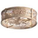 Vintage Caged Ceiling Fans with Lights and Remote, Victorian Hand-Antiqued Rustic Crystal Fandelier, Low Profile Flush Mount, Enclosed Bladeless Ceiling Fan with Light for Bedroom, Kitchen, Hallway (Gold)