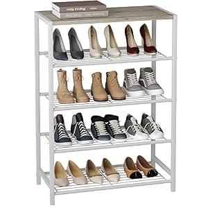 HOMEFORT 5-Tier Shoe Rack, Storage Shelf, Industrial Tower, Narrow Organizer for Closet Entryway, Small Table With Durable Metal Shelves, White Oak