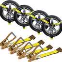 Car Tie Down Straps for Trailers (4PK) Flat Hooks Lasso Style and 2'' X 96'' Tie Down Webbing Easily Secure Tire Tie-Downs for Any Car, SUV, Jeep or Sports Car (Yellow)