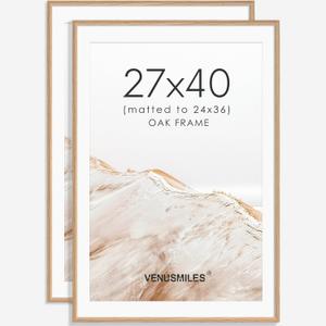 27x40 Poster Frame Set of 2 Natural Solid Oak Photo Frames with 24x36 Removable Mat Wall Hanging Large Handcrafted Frame with HD Plexiglass Wall and Tabletop Display Large Picture Frame
