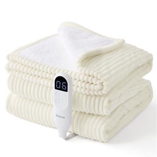 Bedsure GentleSoft Electric Blanket Twin - Soft Ribbed Flannel Heated Blanket, Heating with 10 Time Settings, 6 Heat Settings, and 8 hrs Timer Auto Shut Off, Gifts for Grandma (62"x84", Coconut White)