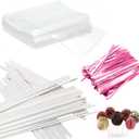 Basquei Cake Pop Sticks 6 Inches, Cake Pop Bags (3.9"X4.7"), Pink Metallic Twist Ties, 300 Pcs Cake Pop Kit Used for, Lollipops Cake, Candies, Chocolates Making Tools