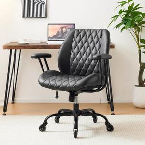 Home Office Desk Chair Office Rubber Casters Ergonomic Computer Chair with Lumbar Support Adjustable Height Rolling Swivel Executive Task Armrests Chair Black PU (Mid Back)