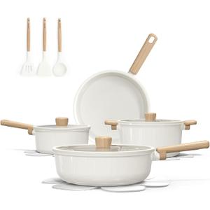 CAROTE 14Pcs Nonstick Ceramic Cookware Set, Non Toxic Cookware PFAS/PFOA Free, Cream White Pots and Pans Set Non Stick, Kitchen Cooking Pan Set, Large Capacity