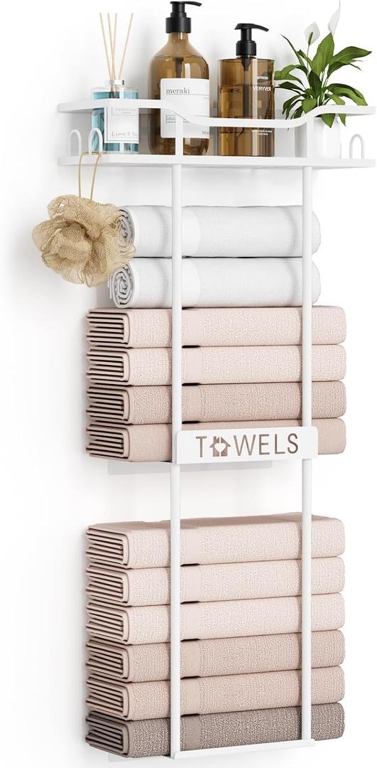 Aetyord Towel Racks for Bathroom Wall Mounted with Shelf, 31.5" Large Towel Holder for Bathroom Wall, White Towel Storage for Rolled Towels, Space Saving Organizer for Small Bathroom, RV & Apartment