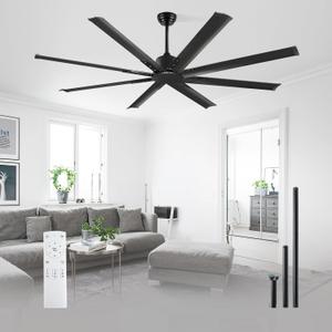 Minislak 72 Inch Ceiling Fan No Light with Remote,8 Aluminum Blades,Industrial DC Motor Quiet Operation,6 Speeds,Large Indoor Outdoor Ceiling Fan for Garage,Patio,Living Room(Black) (Charcoal tone)