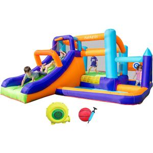 AirMyFun Inflatable Water Slide Bounce House with Long Curved Slide for Kids with Blower, Family Backyard Bouncy Castle with Fun Doorway Tunnel, Climbing Wall and Ball Shooting (High End)