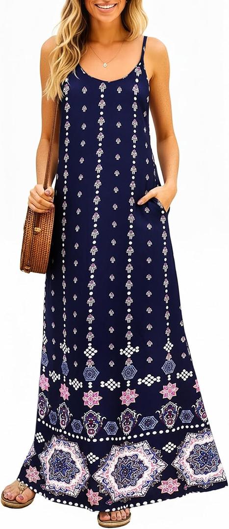 Supnier Women's Summer Maxi Dress Casual V-Neck Sleeveless Bohemian Spaghetti Strap Floral Long Maxi Dress with Pockets (Blue, S)