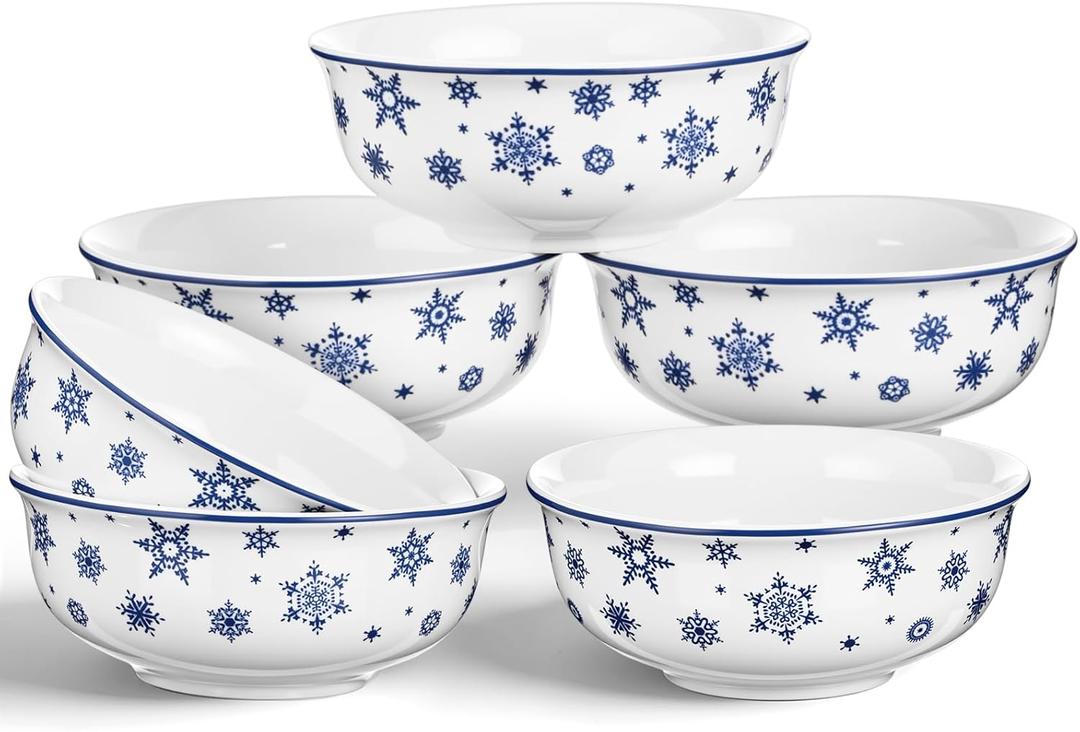 Teenyyou 6 Set Christmas Ceramic Bowl 9.5 oz Small Serving Bowls Holiday Dinnerware for Soups Desserts Snacks Cereal Rice Dips (Snowflakes)