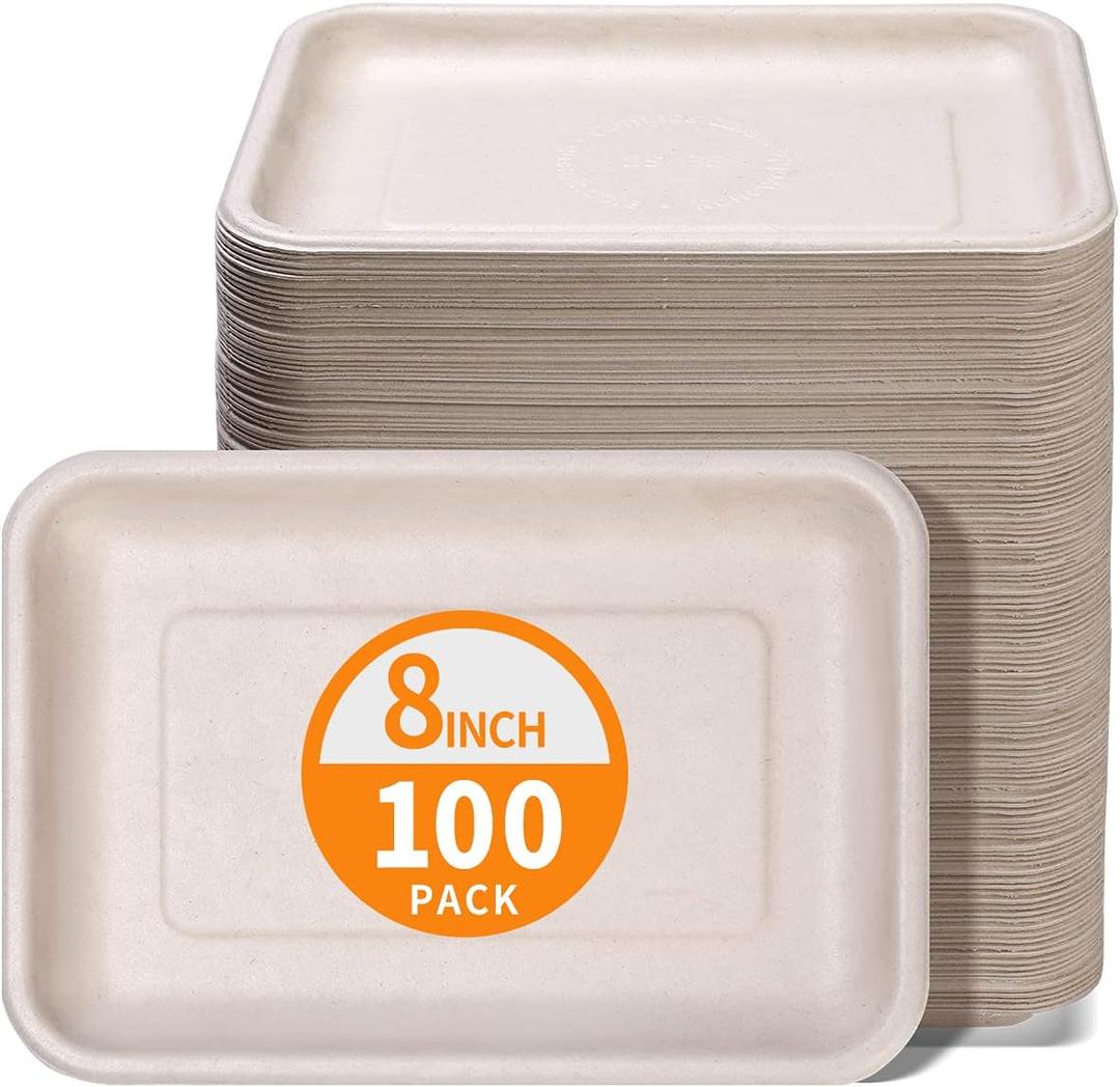 Celel 100 Pack 8 Inch Rectangle Paper Plates, 8 x 6 inch Food Trays Disposable Rectangle Plates for Tacos, Meat, Dessert, Snack