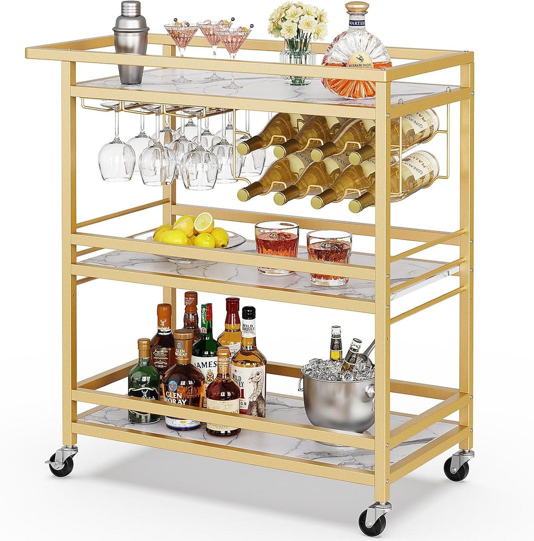 Leteuke Bar Cart for Home, 3 Tier Gold Serving Rolling Carts with Wheels, Drink Cart, Liquor Stand with Marbled Wooden Shelves, Wine Rack and Glass Holder for Kitchen, Dining Room, 14.96 Inches X 35.43 Inches X 37.8 Inches