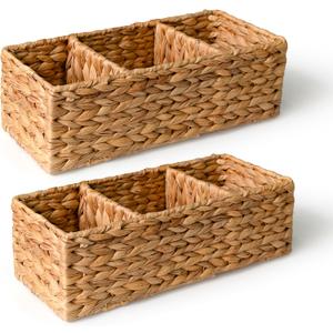 KOKODO Pack of 2 Water Hyacinth Tank Topper Storage Baskets 3 sections Woven Wicker Basket for Toilet Paper Holder, Baskets for Vanity, Bathroom, Pantry Organizing, or Coffee Table Decor