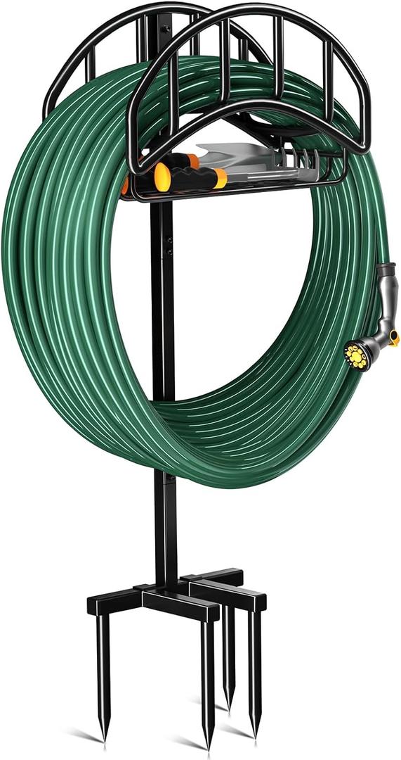 Kesfitt Garden Hose Holder Stand with Tool Storage Basket & 4 Spikes, Detachable Heavy Duty Metal Freestanding Outdoor Organizer for Lawn Yard Water Storage Rack
