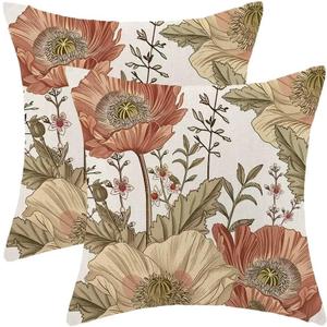 BETGINY Vintage Floral Pillow Covers 24 x 24 Inch Set of 2, Rust Brown Flower Botanical Pattern Decorative Throw Pillow Covers Outdoor Linen Farmhouse Pillow Cases for Couch Sofa Decor