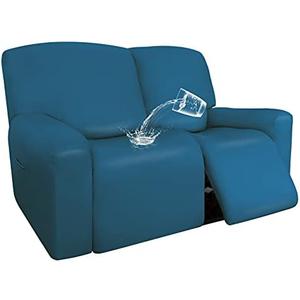 Easy-Going PU Leather Recliner Loveseat Slipcovers, Waterproof Stretch Sofa Covers, 6 Pieces Stretch Furniture Protector, Elastic Strap Shield Pets Kids Children Cats Dogs Peacock Blue