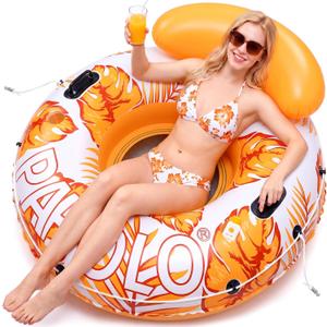 River Tubes for Floating Heavy Duty, 53" Inflatable Pool Floats Adult, Water Tube with Mesh Seat, Full Support Headrest, 2 Cup Holder, 450lb Capacity - Ideal for Pool, River, Lake Float