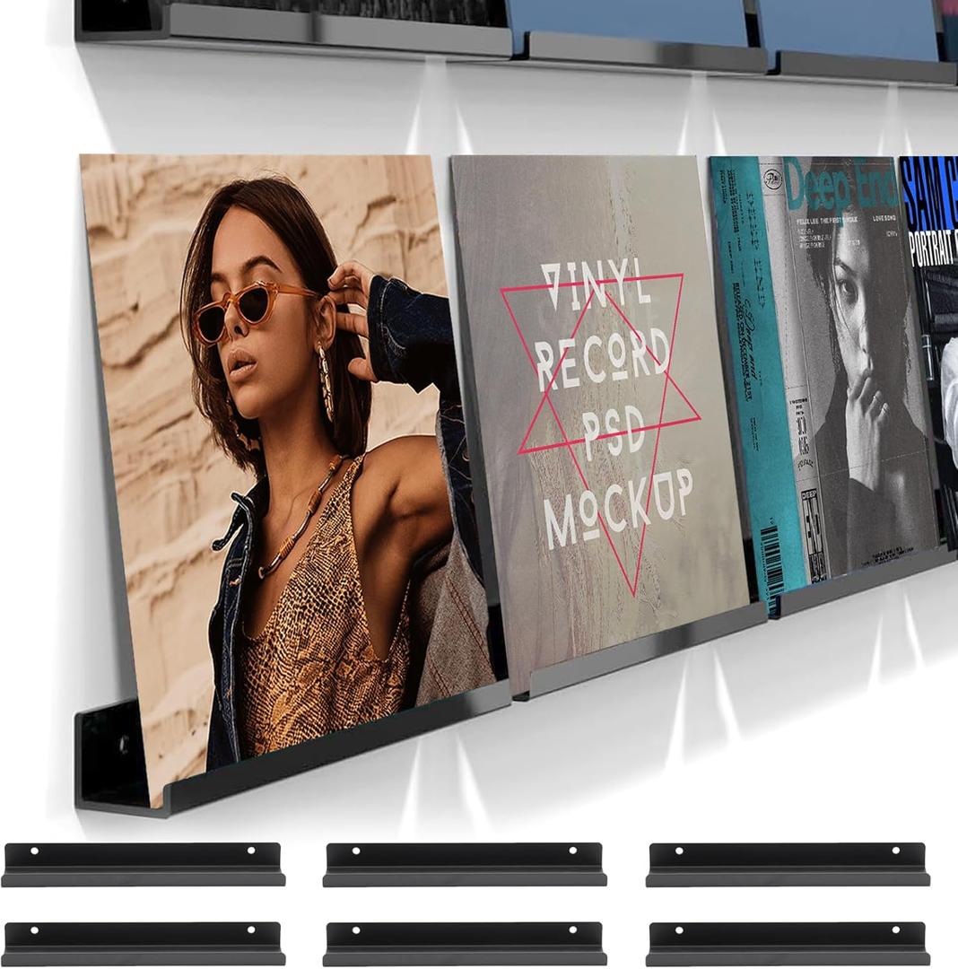 9.8Inch Vinyl Record Shelf Wall Mount 6 Pack Black Metal Vinyl Holder Wall Album Record Holder Display CD Display Art Works Display,Wall Mount Storage Rack for Office Home