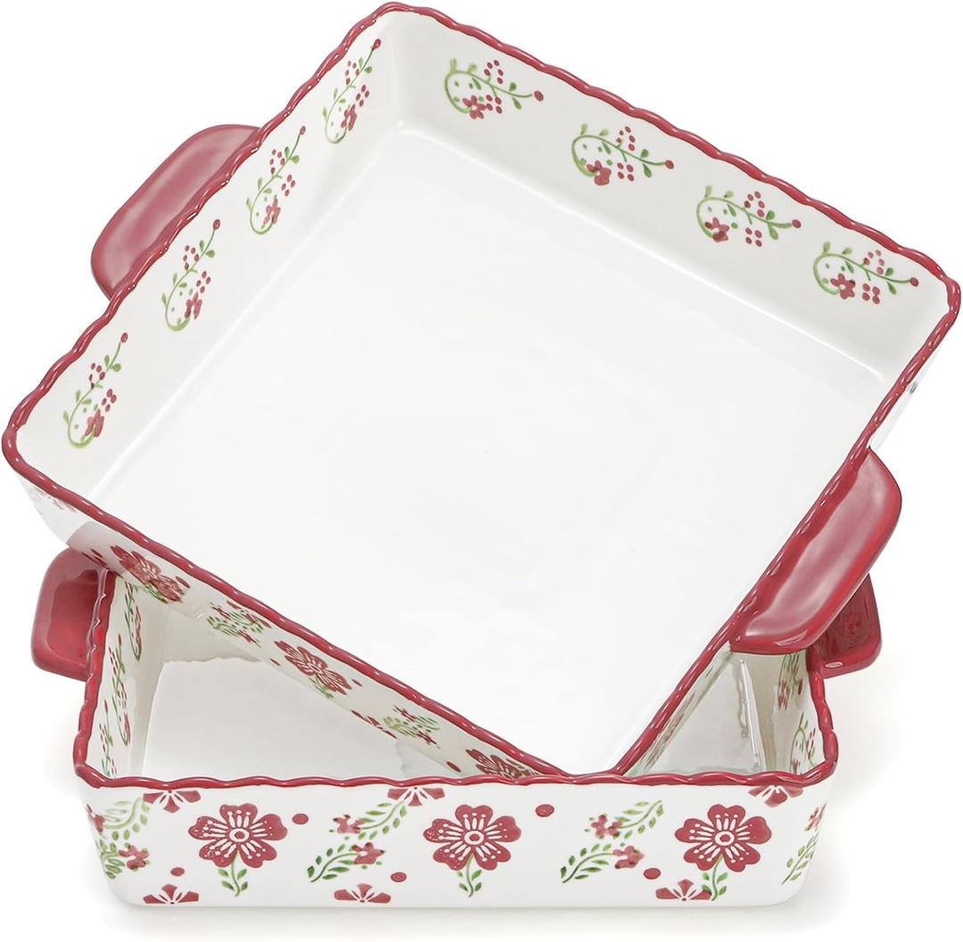 Coloch 2 Pack Ceramic Baking Dishes for Oven, 9 Inch Square Baking Pan with Handle Casserole Dish Lasagna Pan Bakeware Cake Pans for Lasagna, Casserole, Roasted Meat, Brownies, Red