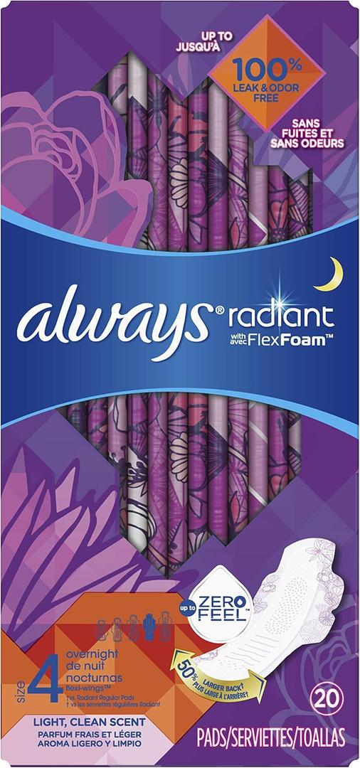 ALWAYS Radiant, Size 4, Overnight Sanitary Pads With Wings, Scented, 20 Count