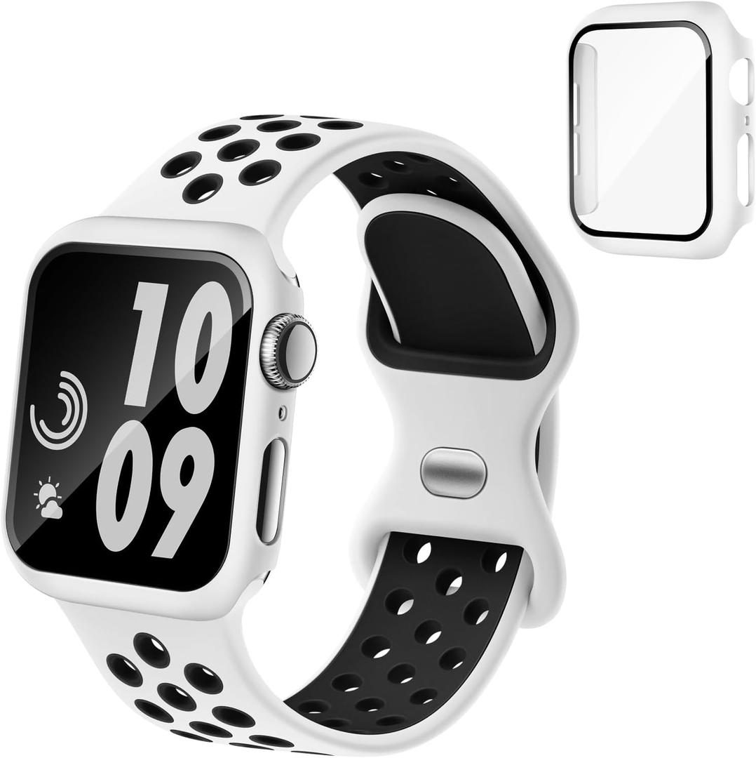 Sport Silicone Bands and Case with Screen Protector Compatible with Apple Watch Band 44mm/45mm/46mm/42mm/41mm/40mm for Men, Breathable Strap and Cover Combo for iWatch Series 11/10/9/8/7/6/5/4/SE (White Black)
