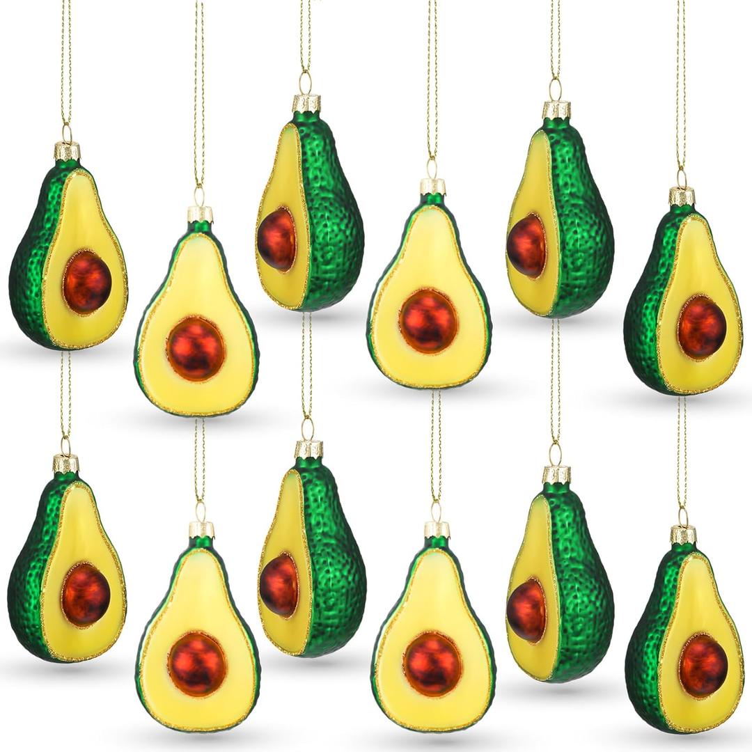 Sliner 12 Piece Christmas Avocado Ornaments Christmas Tree Ornament Glitter Green Glass Blown Avocado Ornament for Hanging Christmas Tree Decoration Holiday Supplies Tree Decor