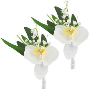Rinlong 2Pcs White Orchid Boutonnieres for Men Wedding Groom Artificial Orchid Boutonniere Groomsmen Boutineer Prom Homecoming Accessories