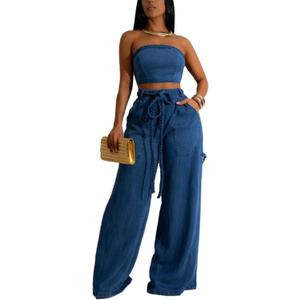 Women's Denim 2 Piece Outfit Sleeveless Bodycon Tube Top Wide Leg Pants Set Summer Vintage Jeans Going Out Tracksuit (L)