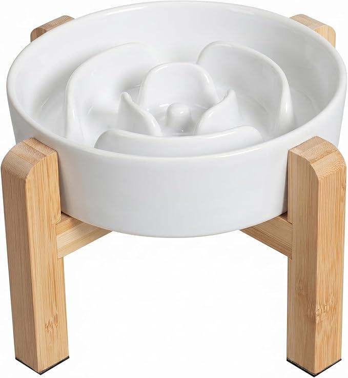 Elevated Slow Feeder Dog Bowl - Ceramic Maze Food Dish with Bamboo Stand - Raised Feeding Bowl for Fast Eaters - Ideal for Small and Medium Dogs - White - 6.7 inch