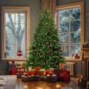 7FT Pre-Lit Artificial Christmas Tree with 700 Pre Lit Multicolored Lights, 2144 PVC Branch Tips,Green Dunhill Fir Xmas Tree, Foldable Metal Base for Home, Party Holiday Décor
