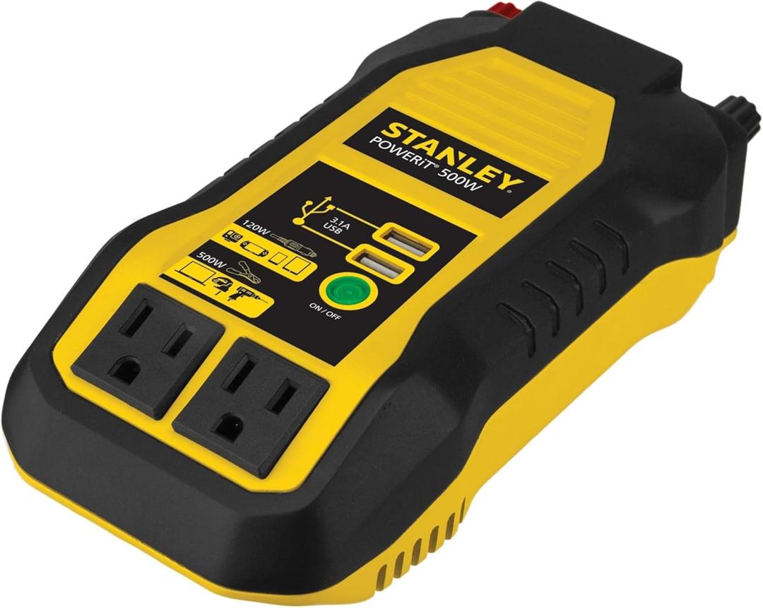 STANLEY PI500S Power Inverter 500W Car Converter: Dual AC Outlets, 3.1A USB Ports, 12V DC Adapter, Battery Clamps