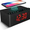 ANJANK Wooden Digital Alarm Clock FM Radio,Qi Certified Fast Wireless Charger Station for iPhone/Samsung,Dimmable LED Display,USB Charging Port,Sleep Timer,Wood Modern Clock for Bedroom Bedside(Black)