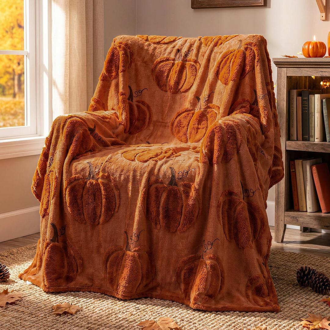 EVERLORIA Fall Pumpkin Throw Blanket 50"x60", Soft Plush Embroidery Pumpkin Throw Blanket for Couch Sofa, 530GSM Sherpa Fleece & Fluffy Faux Wool, Autumn Thanksgiving Home Bed Room Decor Gift, Brown