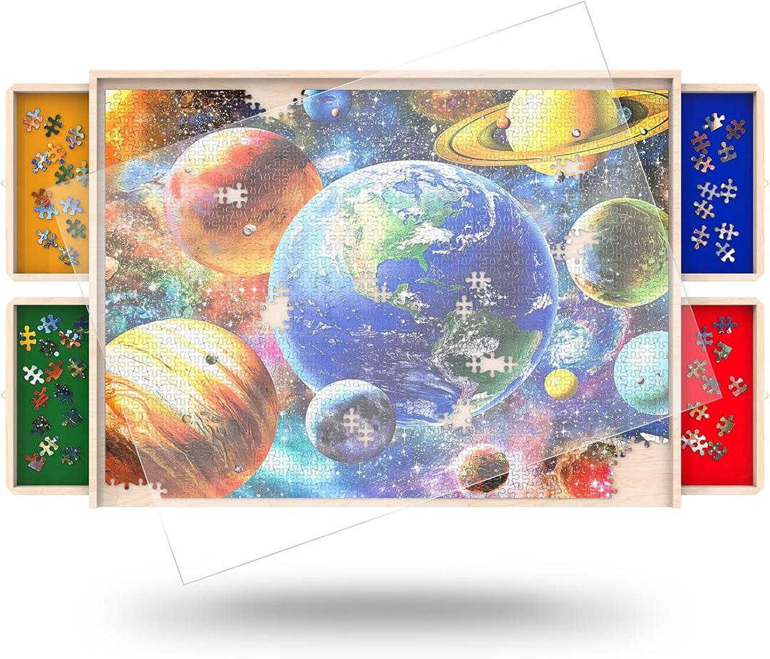 1500 Piece Puzzle Board with Drawers Rotatable 360-Degree Wheels and Cover 34'' x 26'' Wooden Jigsaw Puzzle Table Puzzle Storage Organizer Portable Lightweight Design (No Lazy Susan) (1500PCS)