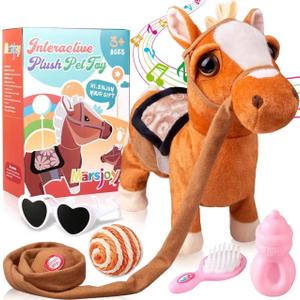Marsjoy Walking Pony Toy Musical Singing Dancing Plush Interactive Pony Walk Along Horse with Leash Plush Stuffed Animal Shaking Head Buttocks Toy for Boy & Girl Kid Ages 3+ H: 11.81"
