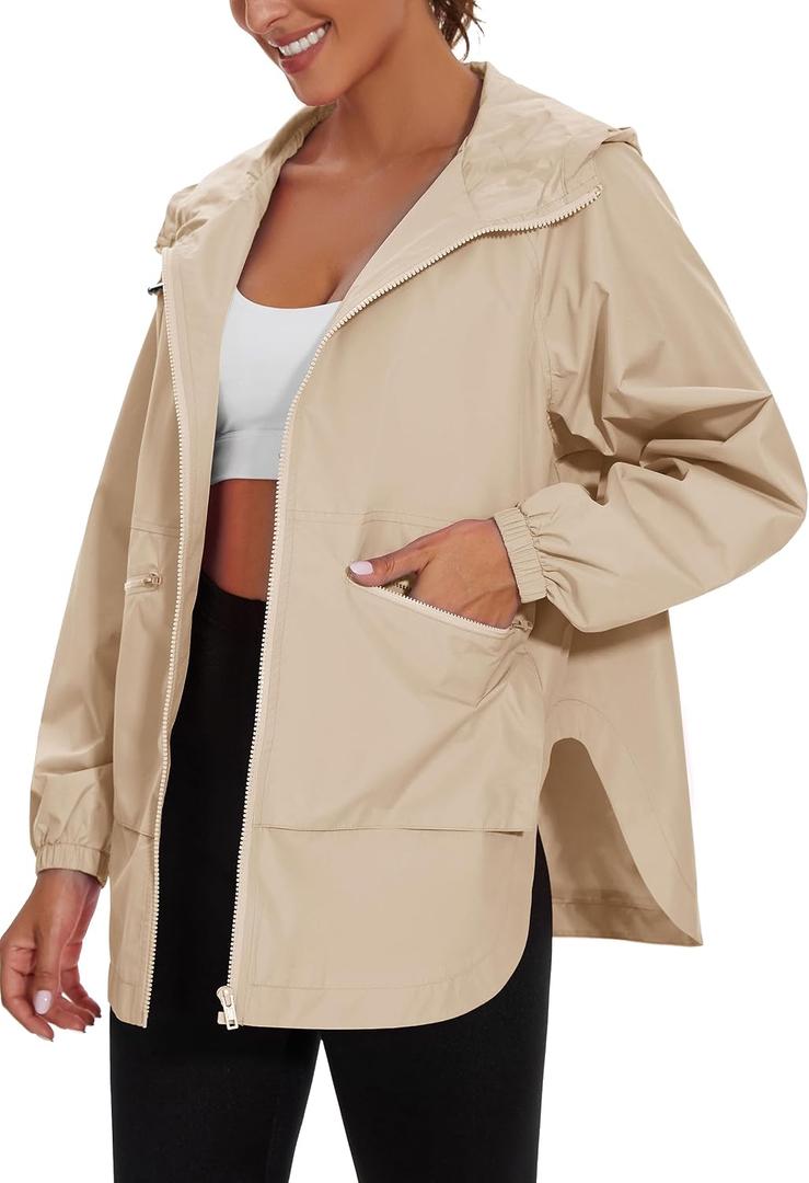 PESION Womens Waterproof Raincoat Lightweight Rain Jacket Trench Coat Hooded Windbreaker With Pockets for Outdoor (Beige, XL)