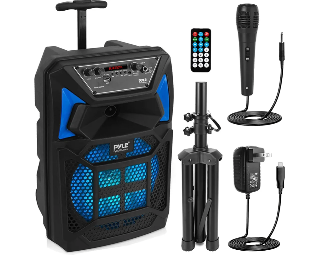 Pyle Bluetooth PA Speaker & Microphone System - Portable Karaoke Speaker with Wired Mic, Built-in LED Party Lights, FM Radio, MP3/USB/Micro SD Readers, Speaker Stand (8’’ Subwoofer, 400 Watt MAX)
Missing accessories