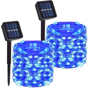 2 Pack Total 200 LED 66FT Solar Powered Copper Wire String Lights Outdoor, Waterproof, 8 Modes Fairy Lights for Garden, Patio, Party, Yard, Christmas (Blue)