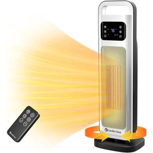 Comfort Zone 26 Oscillating Digital Tower Heater Portable Ceramic Space Heater with Remote, Adjustable Thermostat (50F-90F), 24-Hour Timer, ECO Mode & Overheat Protection ETL Certified, White