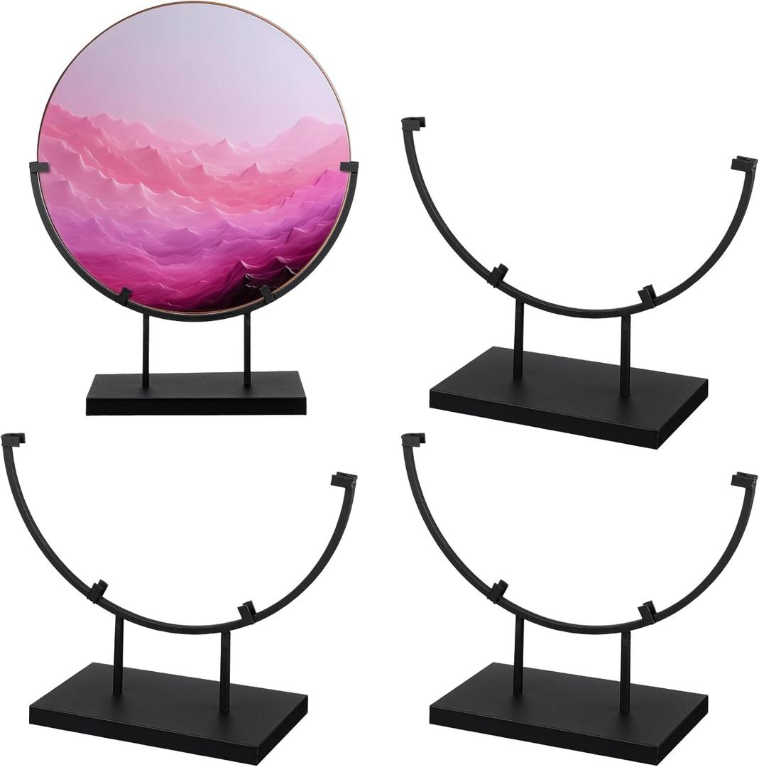 Blulu 4 PCS 10 Inch Round Metal Display Stands for Stained Glass Fused Glass Art Easel Display Stands Decorative Plate Holder for Art Panels Picture Platter Photo (Black)