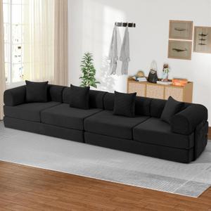 142" Oversized Modular Sectional Sofa Bed, 7-in-1 Convertible Corduroy Cloud Couch with Storage Bag & Reinforced Frame, Deep Seat Sectional Couches for Living Room, Tool-Free Assembly, Black