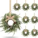 8 PCS Christmas Wreath Christmas Kitchen Cabinet Wreaths with Burlap Ribbon Mini Wreath Pine Garland Frosted Cedar Pine Cone Hanging Garlands Candle Rings for Front Door Window Chair Wall