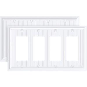 2-Pack Classic Beadboard Quad Decorator Wall Switch Cover, Pure White Decorative Switch Plates and Outlet Covers, Natural Bamboo Fiber 4 Gang Wall Plate for Electrical Outlets, Receptacle, GFCI Outlet