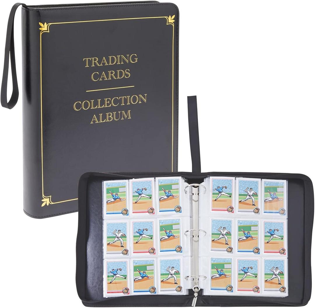 9 Pocket 3 Ring Leather TCG Binder for Baseball, Trading Game, and Sports Card, 50 Pages, Holds 900 Cards (14 x 11 In)
