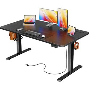 Huuger Electric Standing Desk with Power Outlets and USB-C Port, 55 X 24 Inch Height Adjustable Desk, Sit Stand Desk for Home Office, Computer & Gaming Desk with 4 Presets, Stable Steel Frame, Black