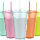 letech+ Plastic with Lids and Straws, 24 oz 5 Glitter Reusable Cups with Lids and Straws in Rainbow Colors, BPA-Free, Spill-Proof, for Adults Kids, Party, Portable, Ideal for Iced Coffee