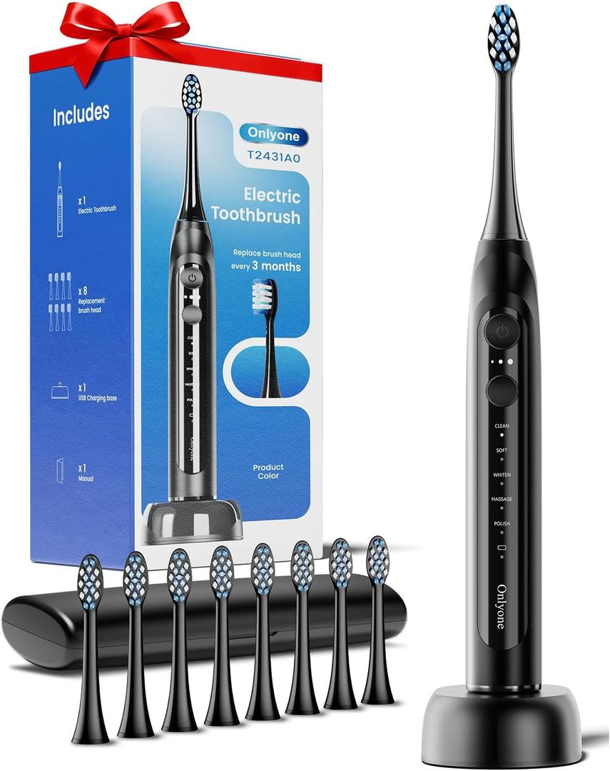 Onlyone Ultrasonic Electric Toothbrush for Adults, Rechargeable Electric Toothbrush with 8 Brush Heads, Travel Case, Charging Base & Wireless Charging - 5 Modes with Smart Timer
