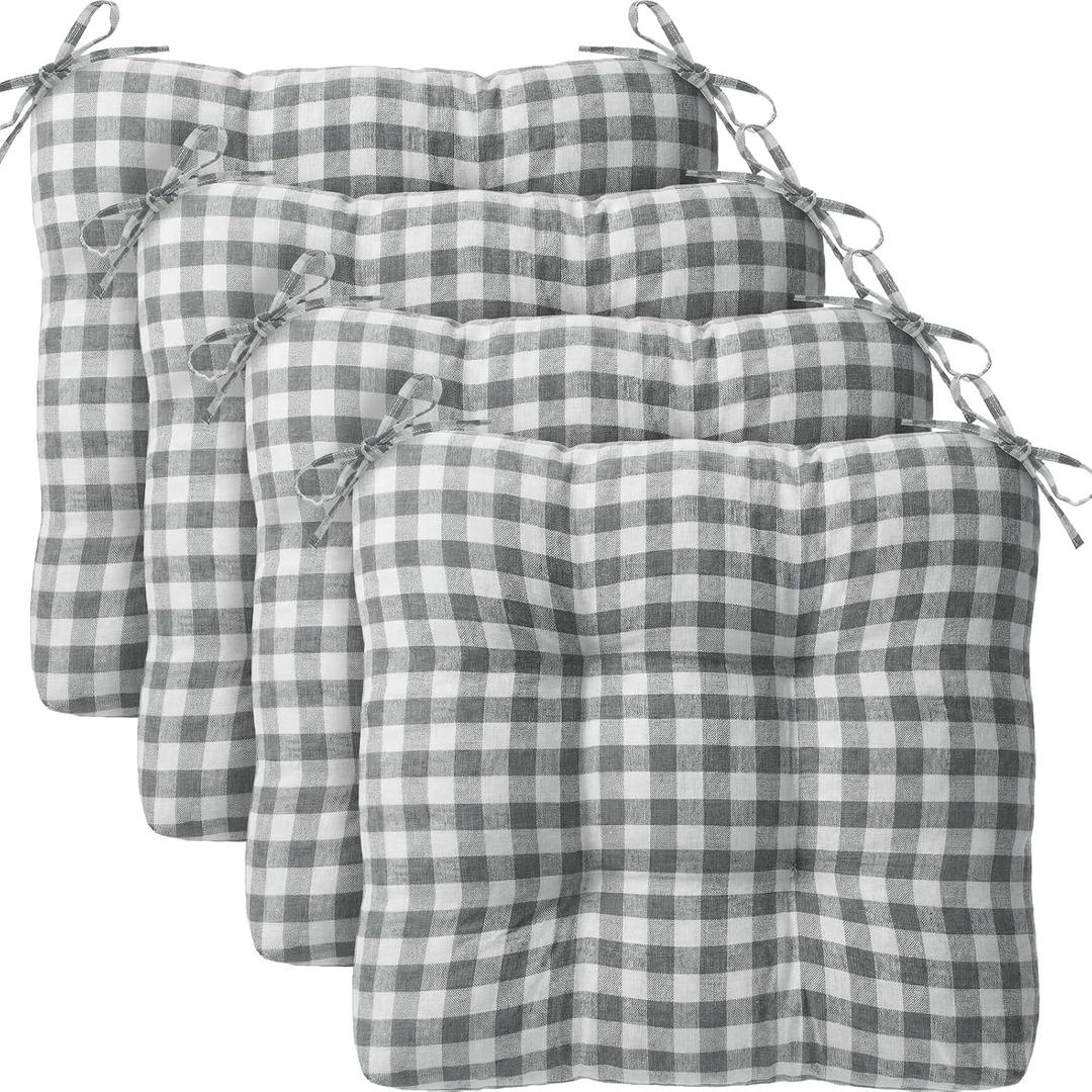 Geetery 4 Pack Chair Cushions for Dining Chairs, 16" x 15" Gray and White Kitchen Chair Cushions with Ties Buffalo Plaid Soft Comfy Seat Pads for Home Office Living Room Outdoor Indoor